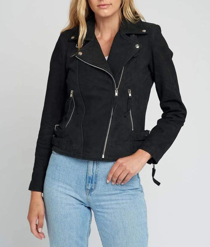 Casual Liza Black Suede Leather Jacket | Double Breasted Biker Jacket