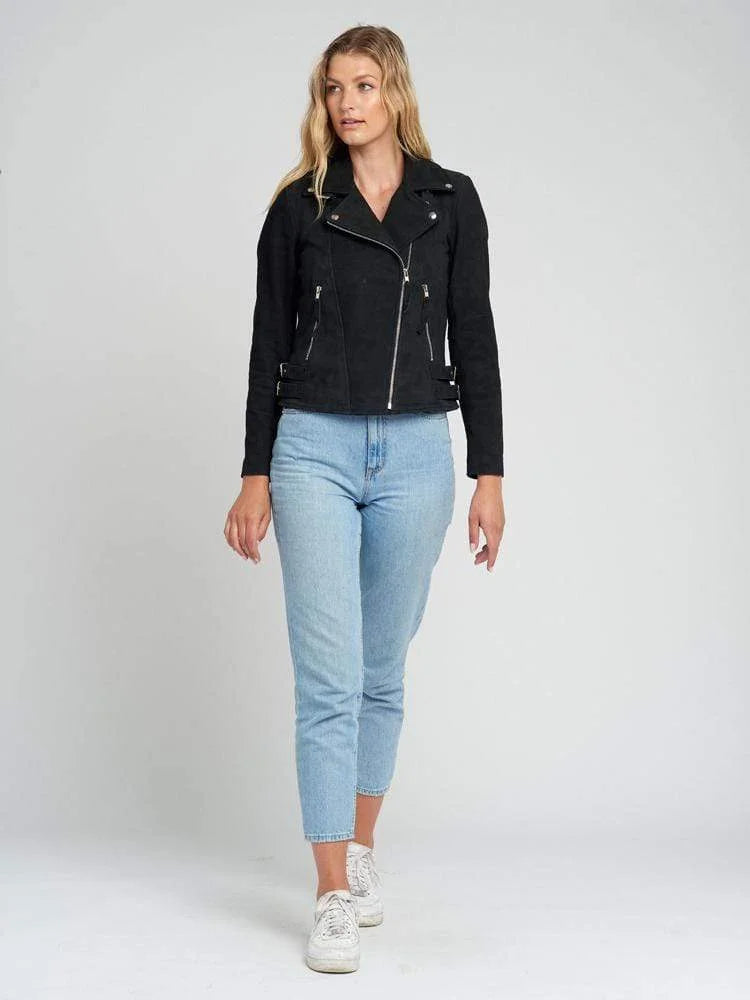 Casual Liza Black Suede Leather Jacket | Double Breasted Biker Jacket