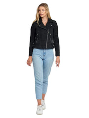 Casual Liza Black Suede Leather Jacket | Double Breasted Biker Jacket
