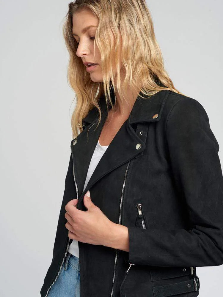 Casual Liza Black Suede Leather Jacket | Double Breasted Biker Jacket