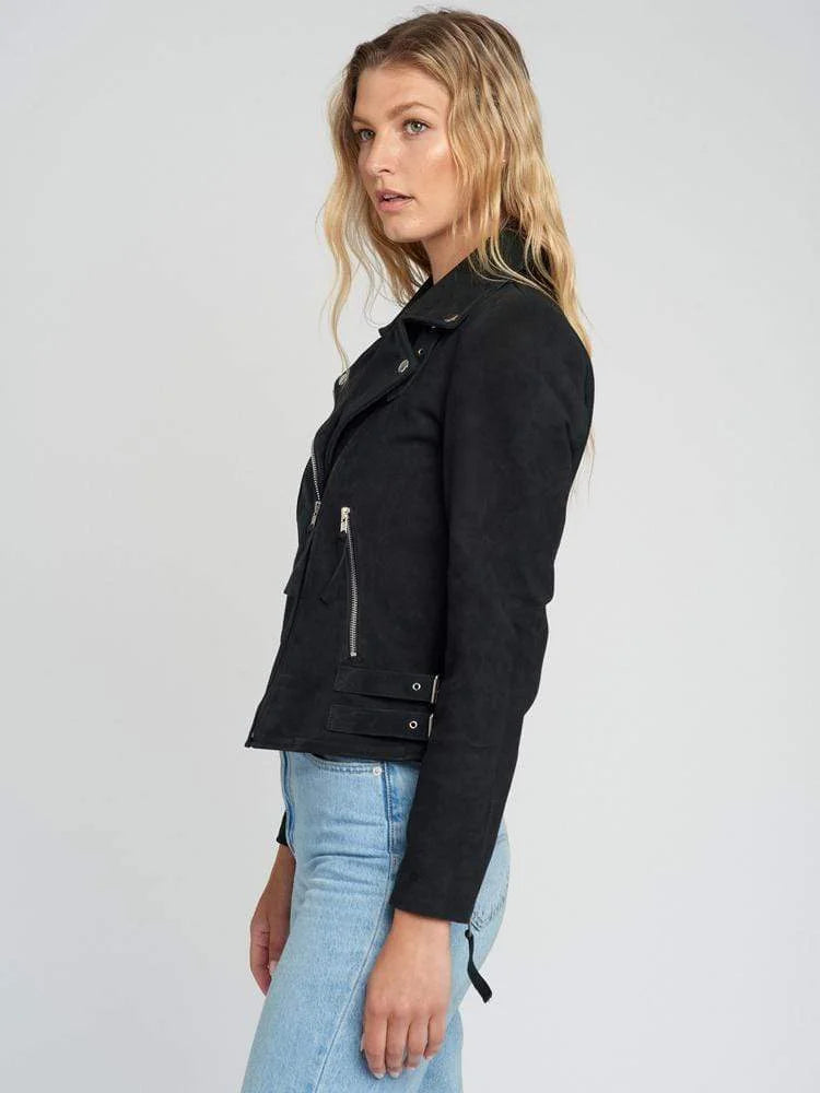 Casual Liza Black Suede Leather Jacket | Double Breasted Biker Jacket