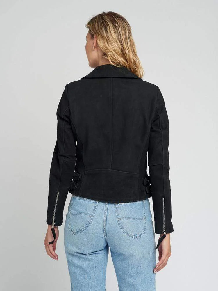 Casual Liza Black Suede Leather Jacket | Double Breasted Biker Jacket