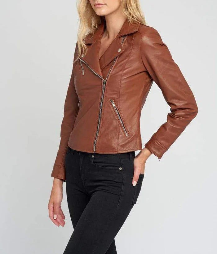 Casual Liza Brown Leather Jacket Womens | Double Breasted Biker Jacket