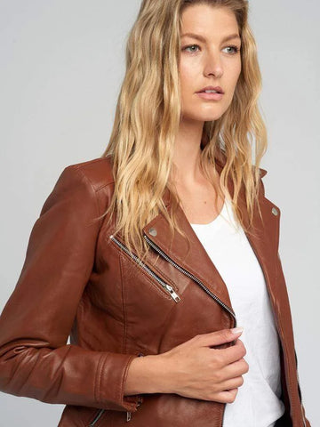 Casual Liza Brown Leather Jacket Womens | Double Breasted Biker Jacket