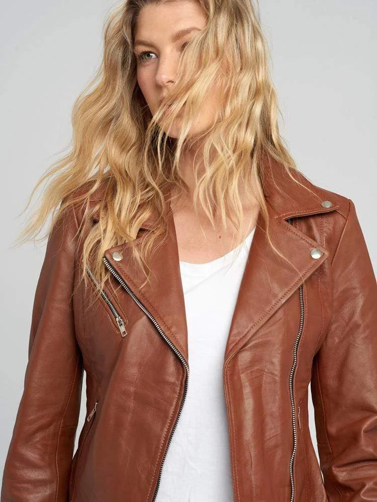 Casual Liza Brown Leather Jacket Womens | Double Breasted Biker Jacket