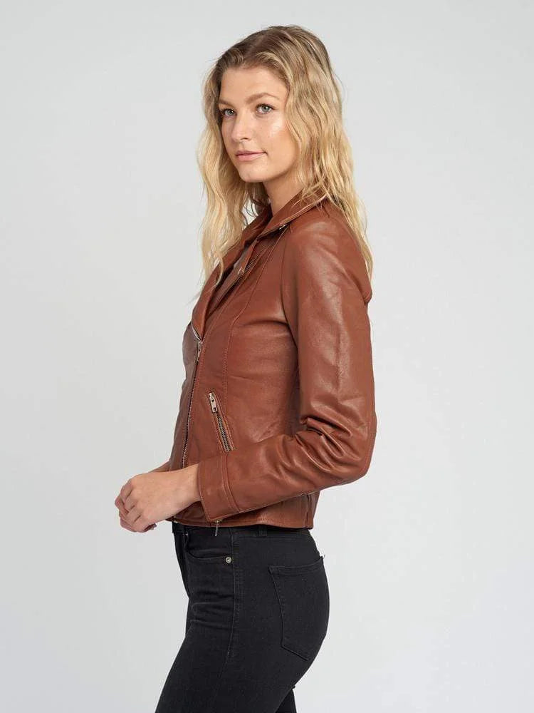 Casual Liza Brown Leather Jacket Womens | Double Breasted Biker Jacket