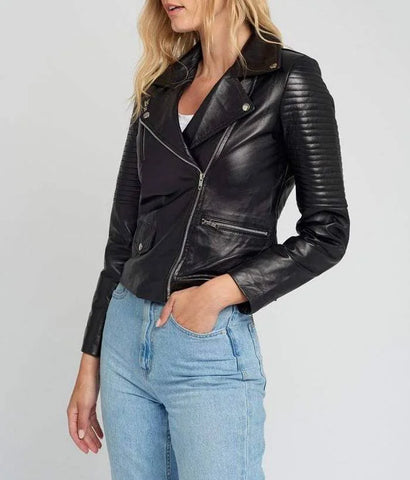 Womens Black Leather Jacket With Quilted Sleeve's