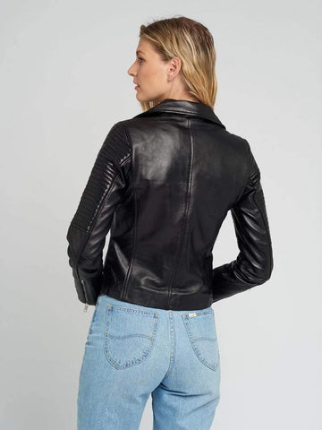 Womens Black Leather Jacket With Quilted Sleeve's