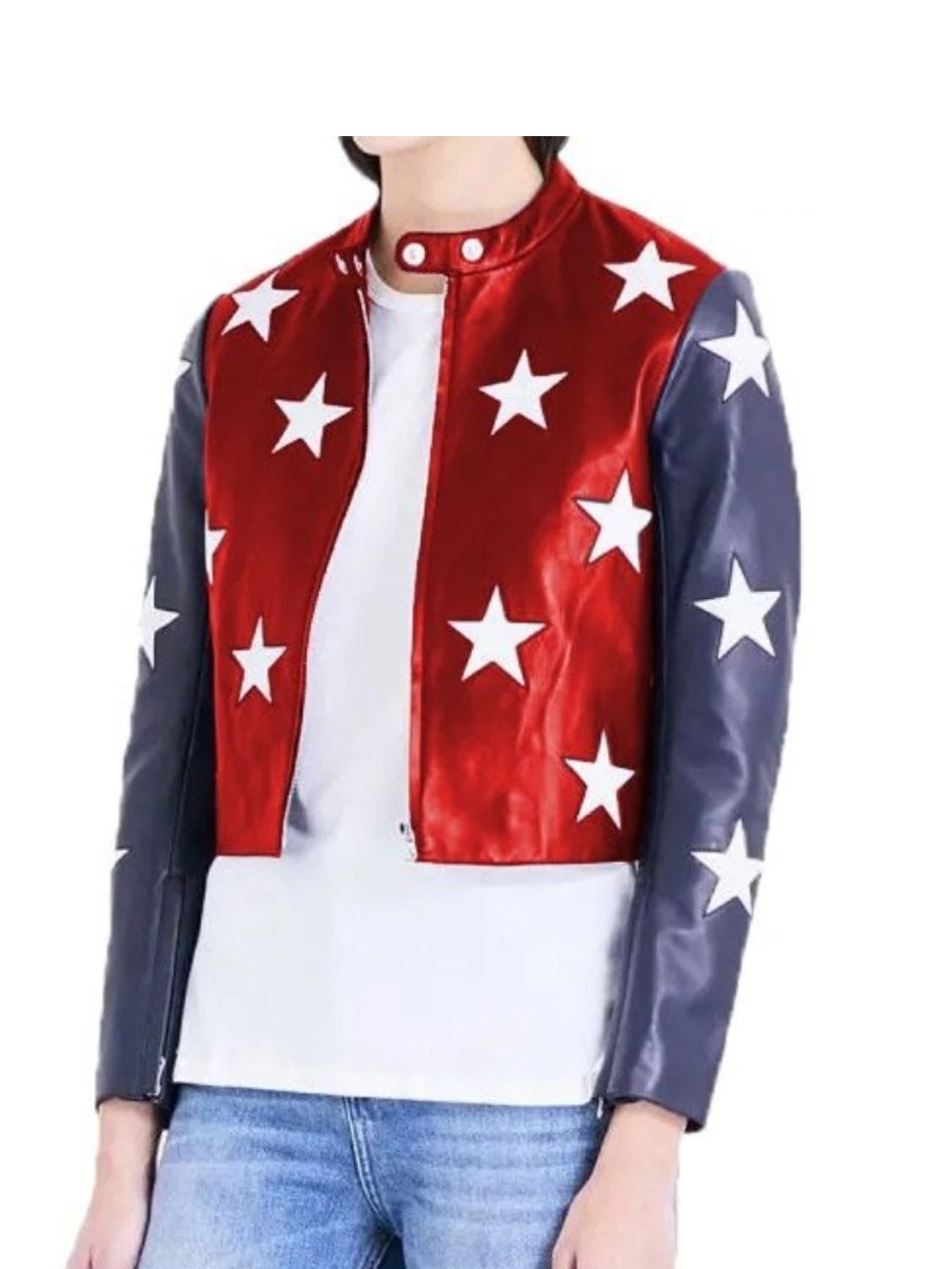 4th July Flag & Stars Cropped Leather Jacket Womens