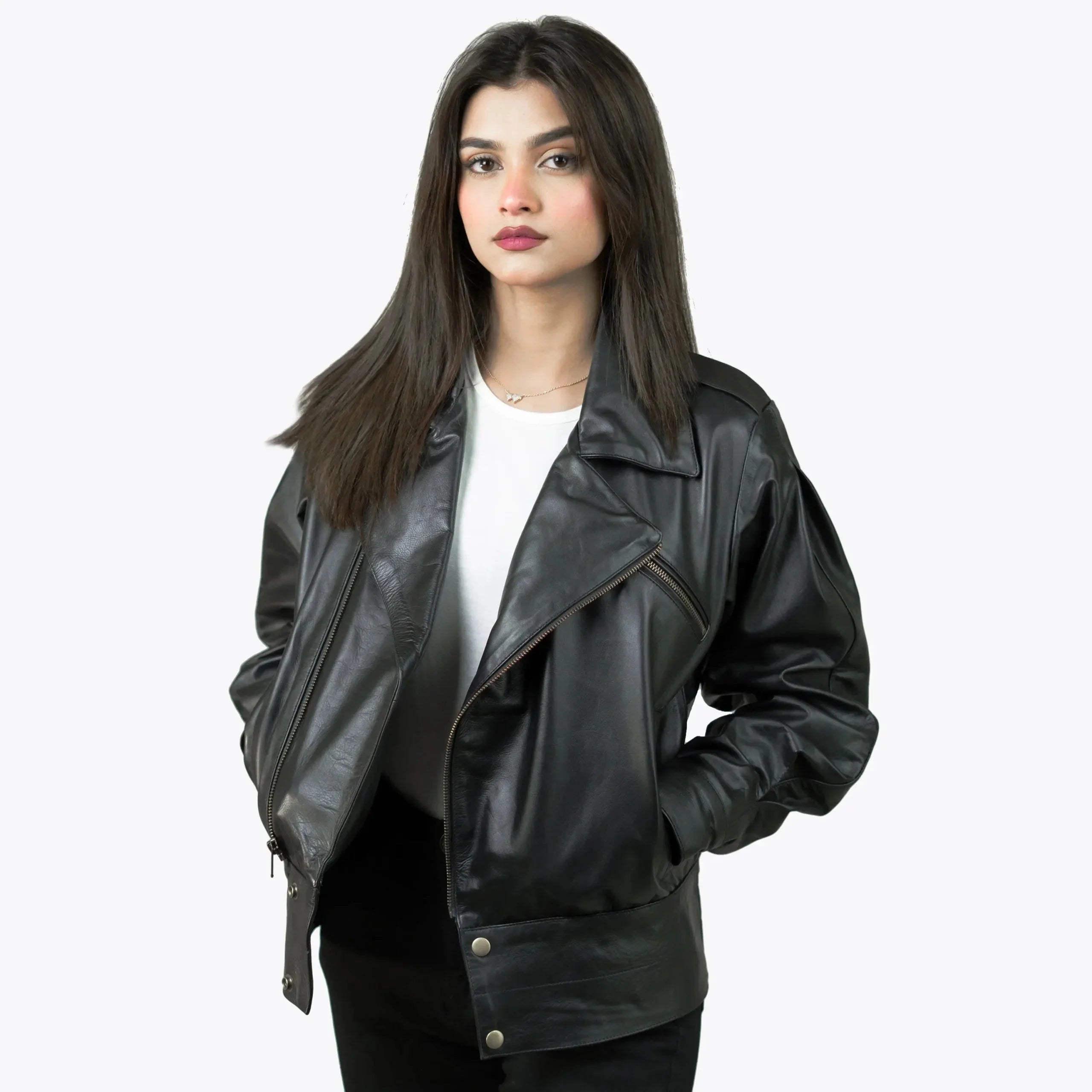 Black Leather Biker Jacket Womens | Double Breasted Leather Jacket