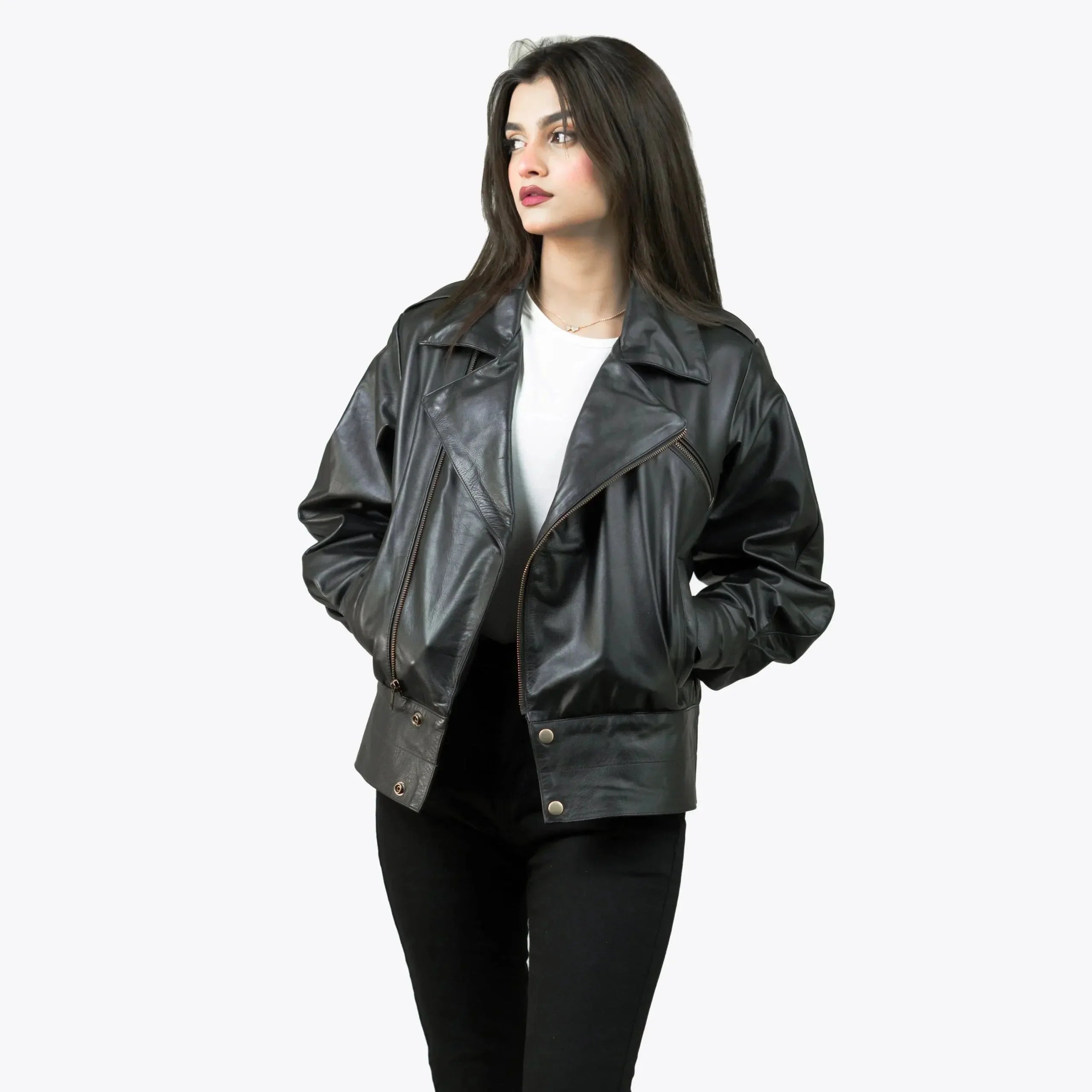 Black Leather Biker Jacket Womens | Double Breasted Leather Jacket