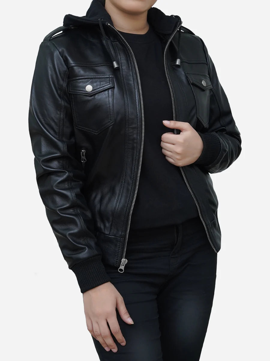 Classic Collared Black Leather Bomber Jacket Womens