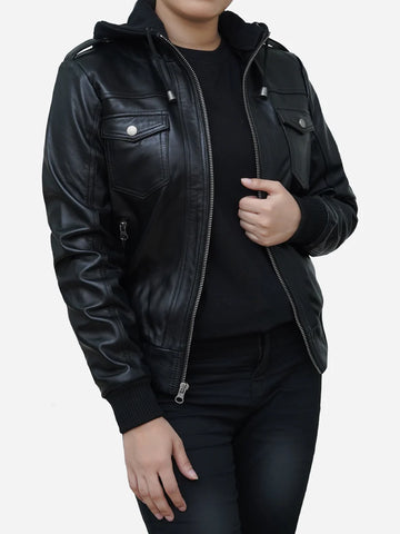 Classic Collared Black Leather Bomber Jacket Womens