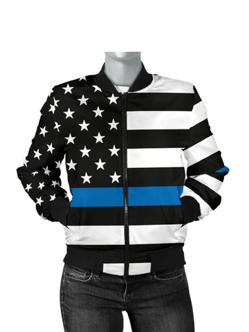 American Flag & Stars Blue Bomber Jacket Womens