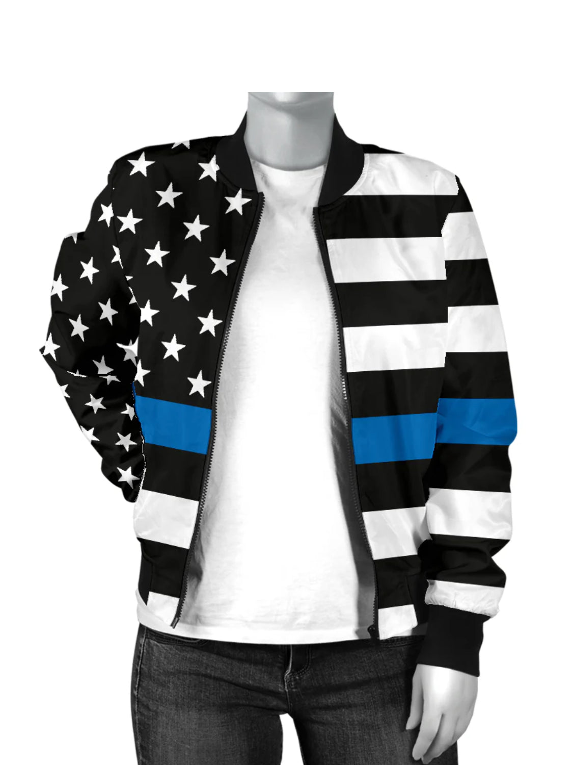 American Flag & Stars Blue Bomber Jacket Womens