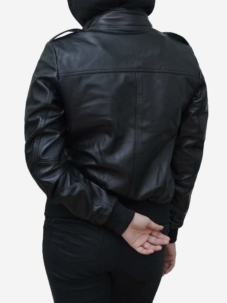 Classic Collared Black Leather Bomber Jacket Womens