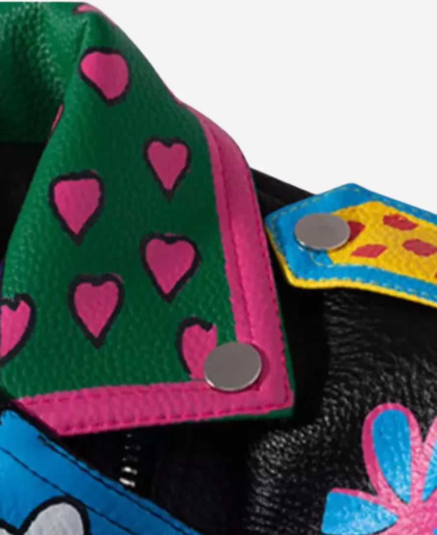 Graffiti Printed Cropped Leather Bikers Jacket