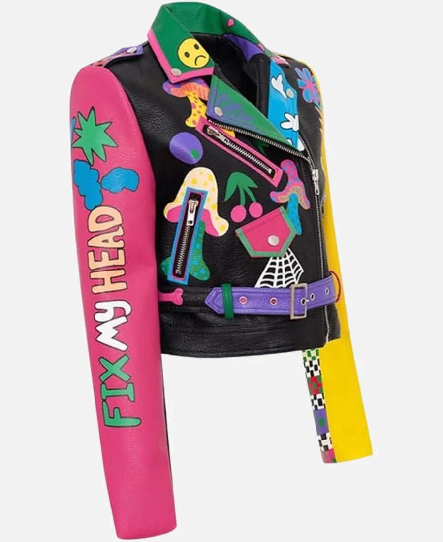 Graffiti Printed Cropped Leather Bikers Jacket