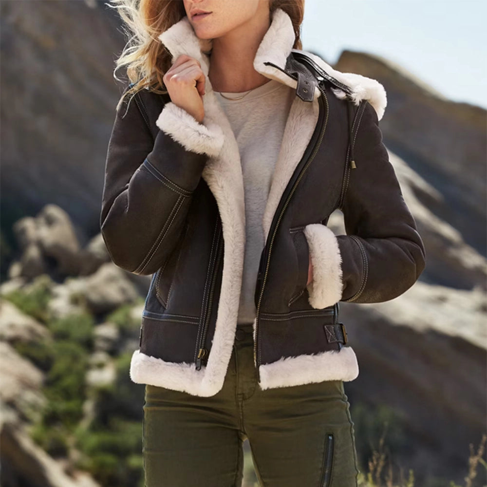 Leather Aviator Brown Shearling Jacket For Women