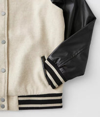 Womens Off White Varsity Jacket with Black Leather Sleeves