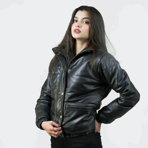 Black Bomber Jacket Women's | Genuine Lambskin Leather Puffer Jacket