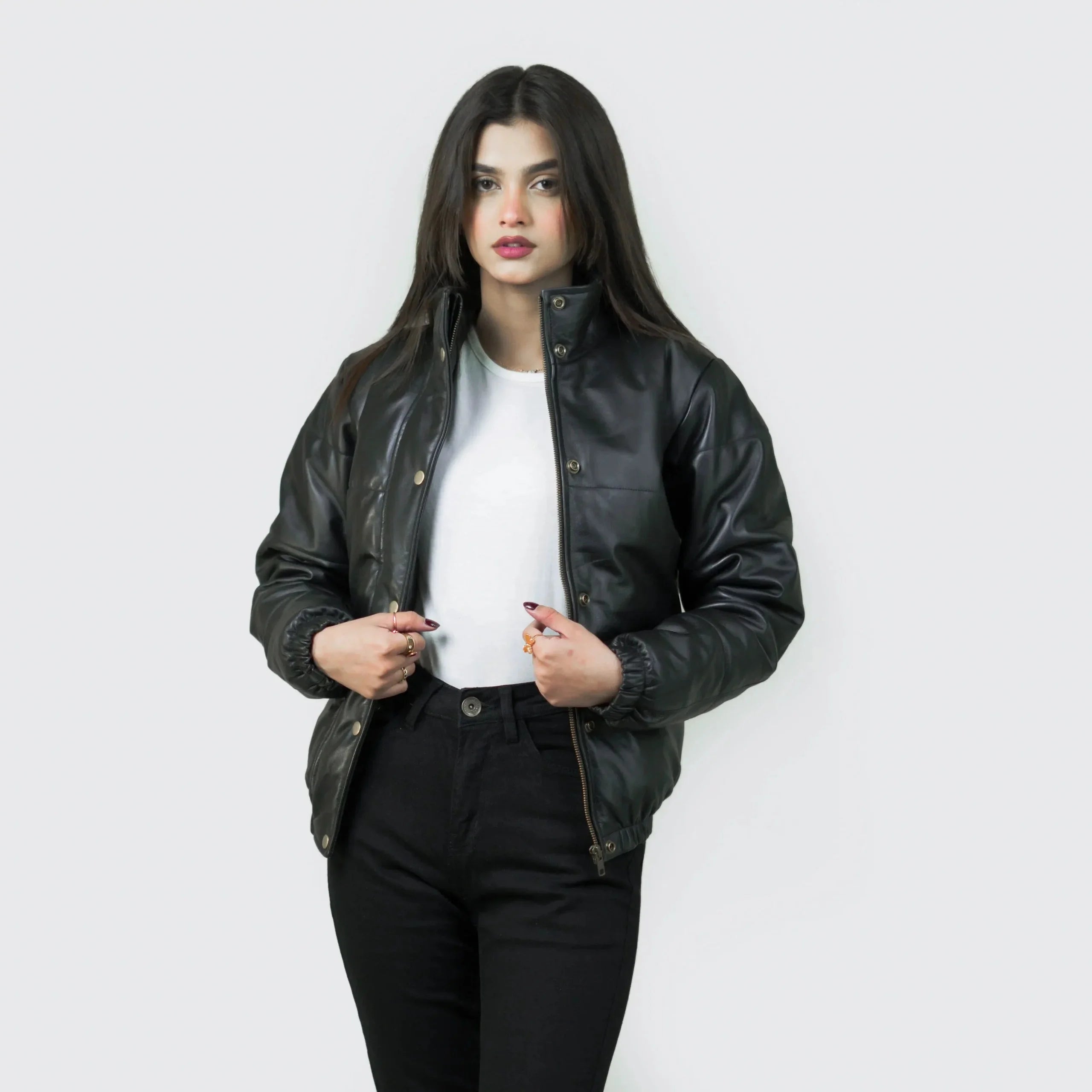 Black Bomber Jacket Women's | Genuine Lambskin Leather Puffer Jacket