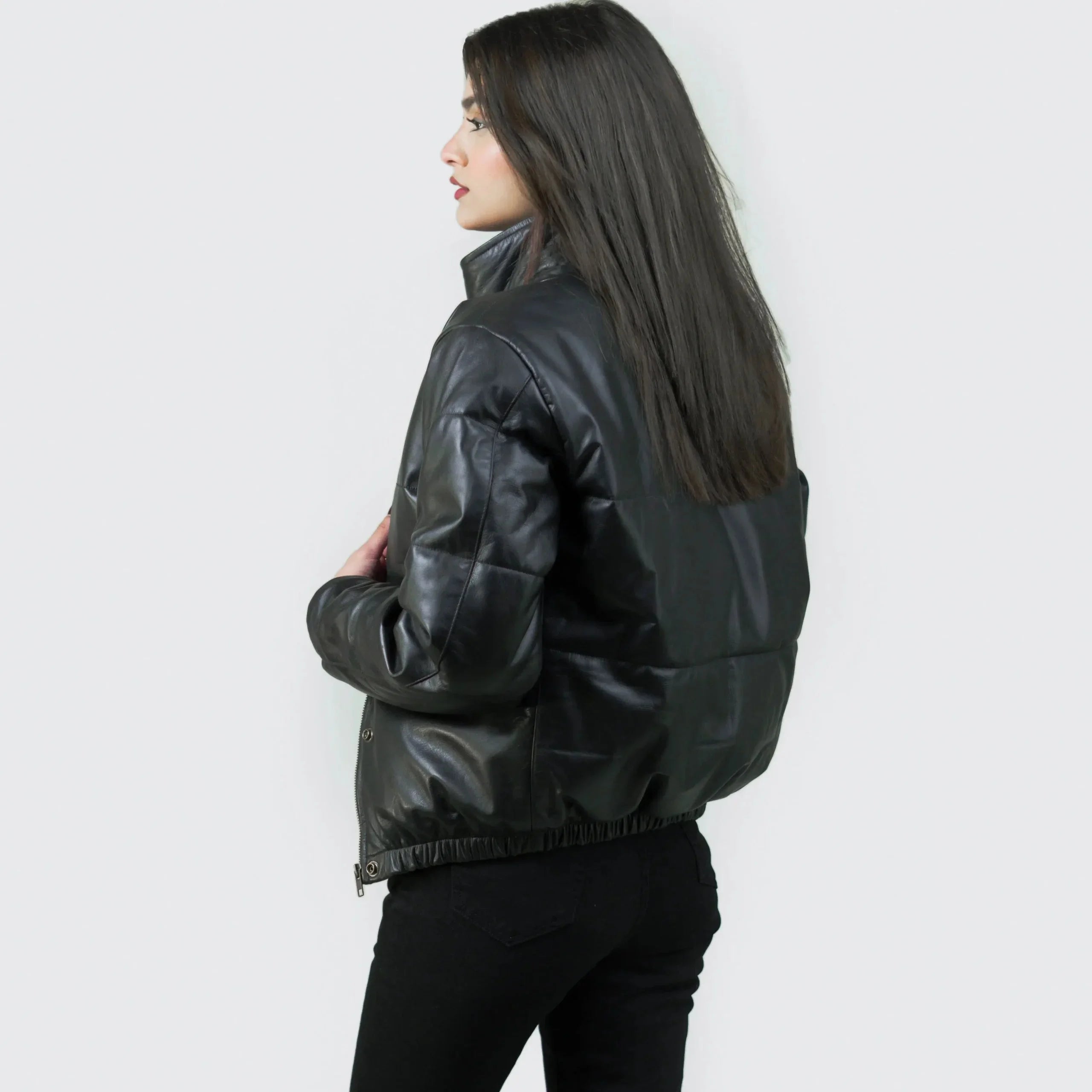 Black Bomber Jacket Women's | Genuine Lambskin Leather Puffer Jacket