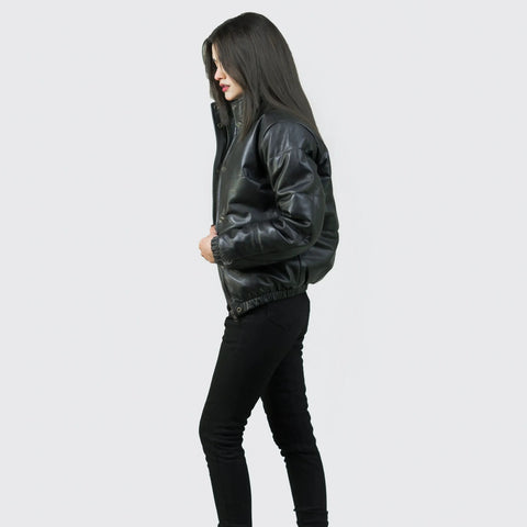 Black Bomber Jacket Women's | Genuine Lambskin Leather Puffer Jacket