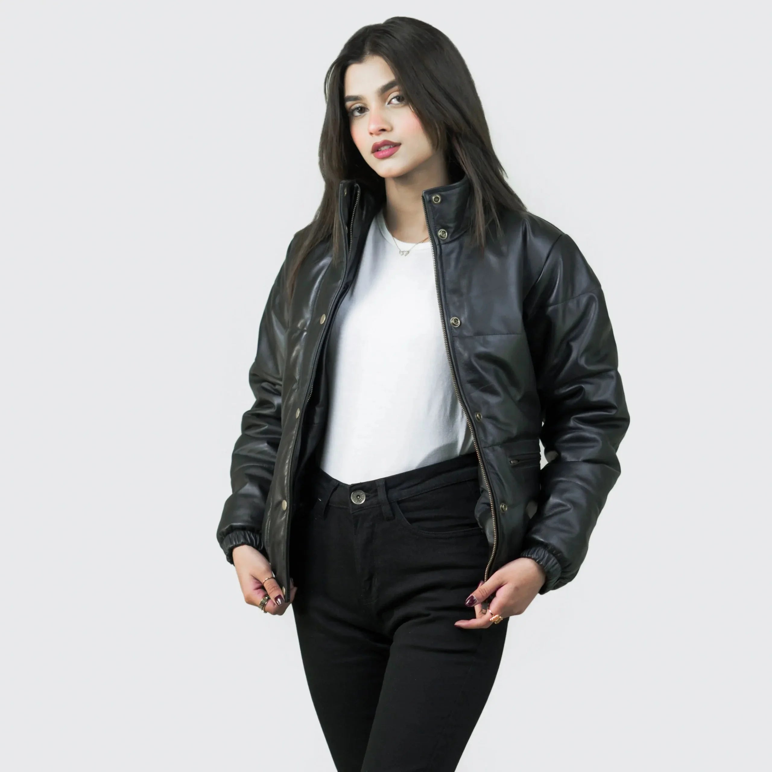 Black Bomber Jacket Women's | Genuine Lambskin Leather Puffer Jacket