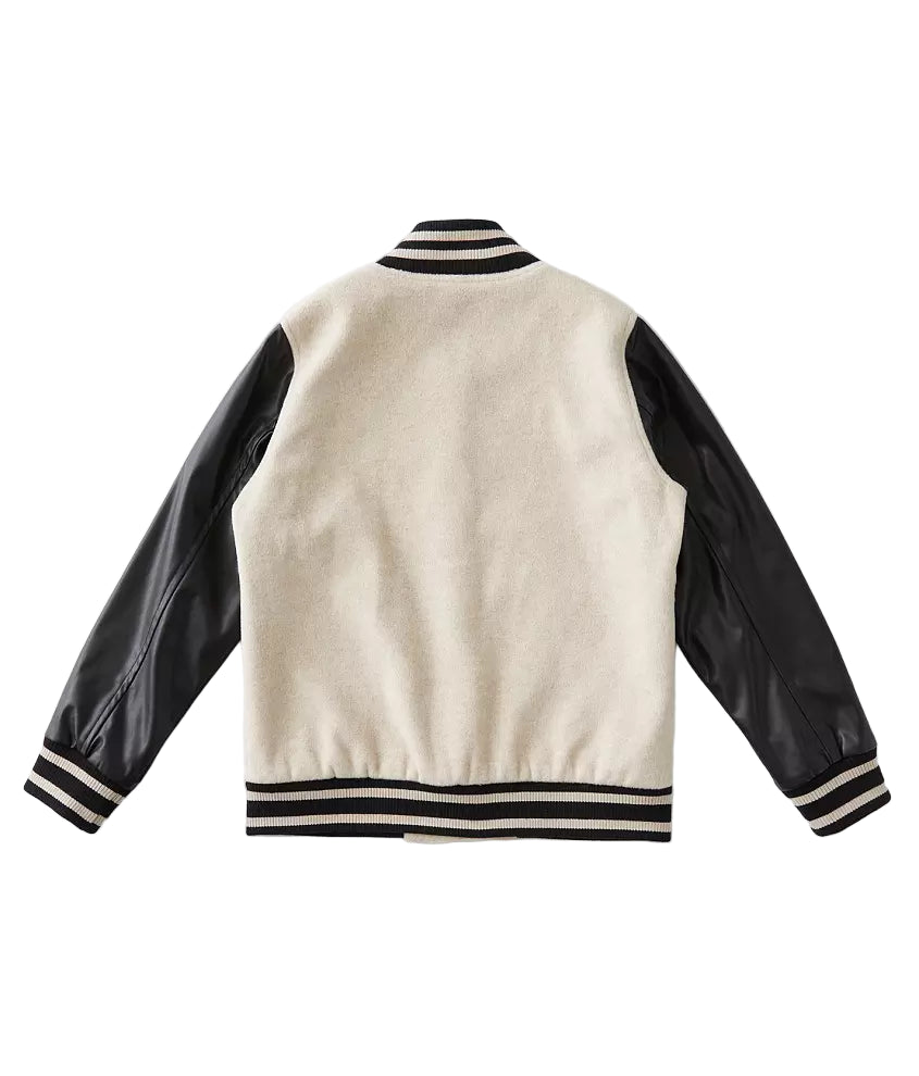 Womens Off White Varsity Jacket with Black Leather Sleeves