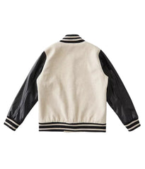 Womens Off White Varsity Jacket with Black Leather Sleeves