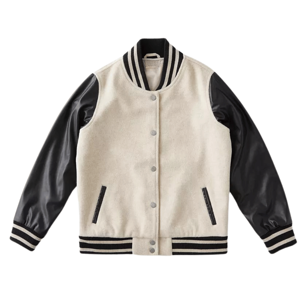 Womens Off White Varsity Jacket with Black Leather Sleeves