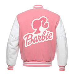 Pink Varsity barbie Jacket With White Leather Sleeves