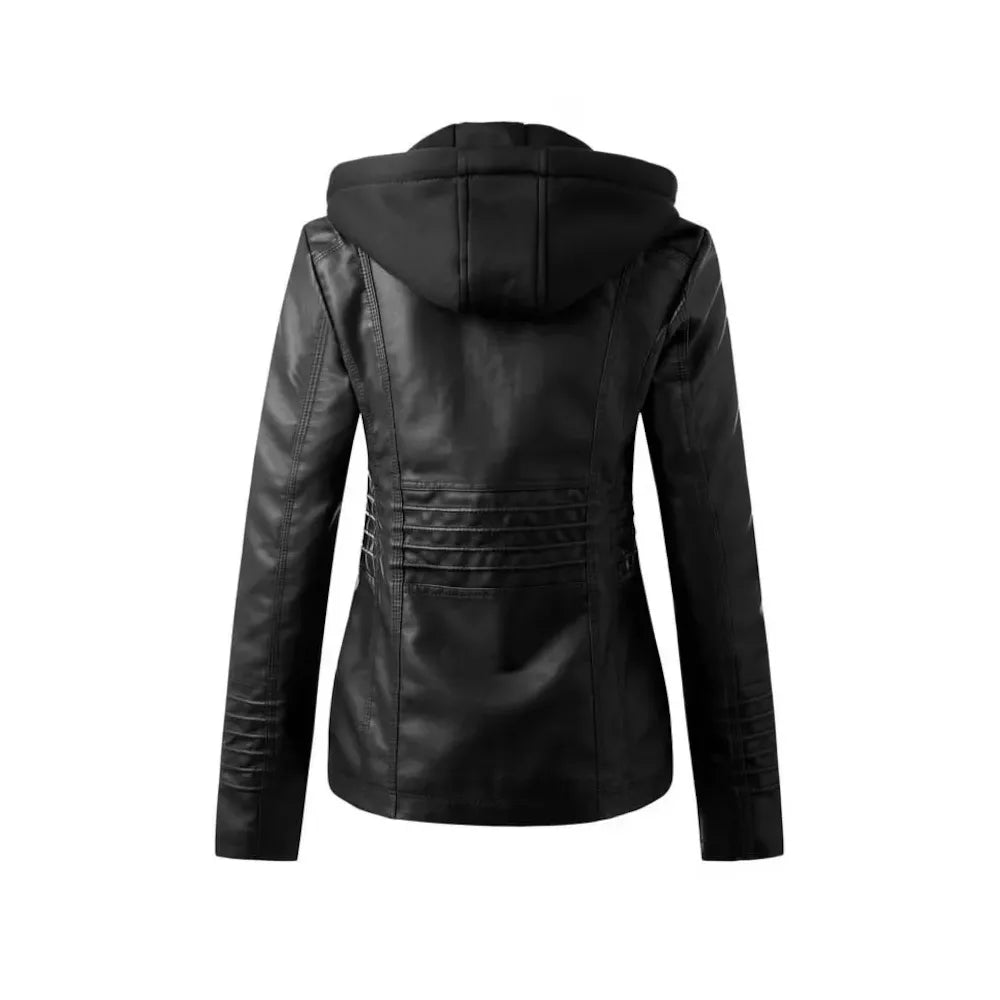 Women Black Biker Detachable Hood Leather Jacket