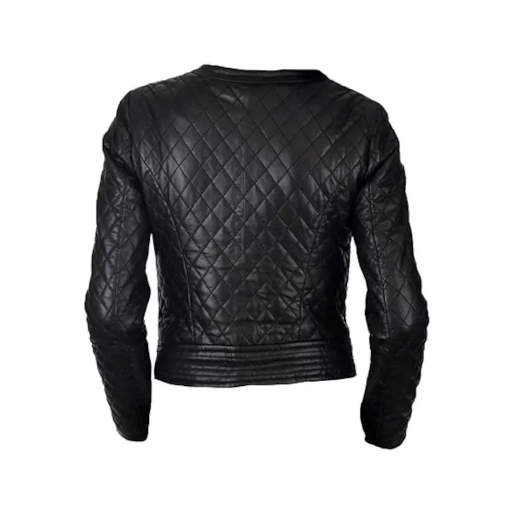 Women's Black Quilted Biker Style Round Neck Leather Jacket