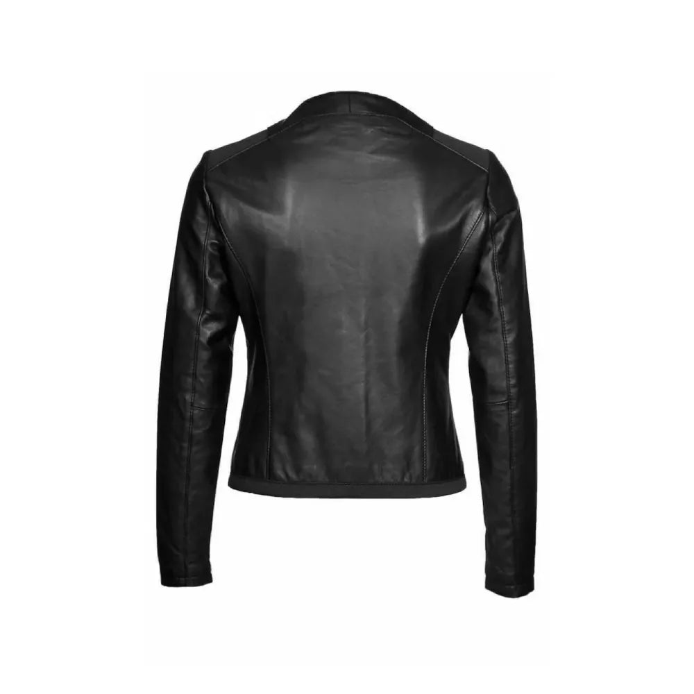 Women's Round Neck Biker Leather Jacket