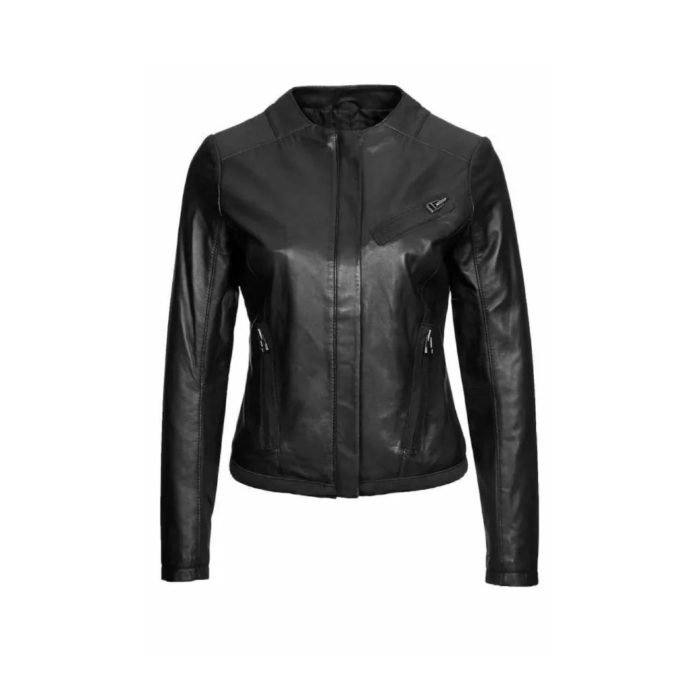 Women's Round Neck Biker Leather Jacket