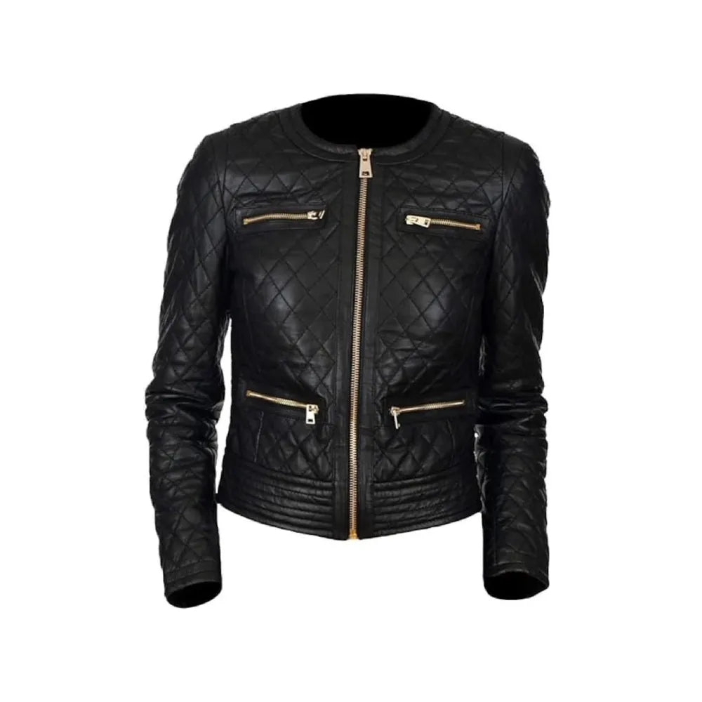 Women's Black Quilted Biker Style Round Neck Leather Jacket