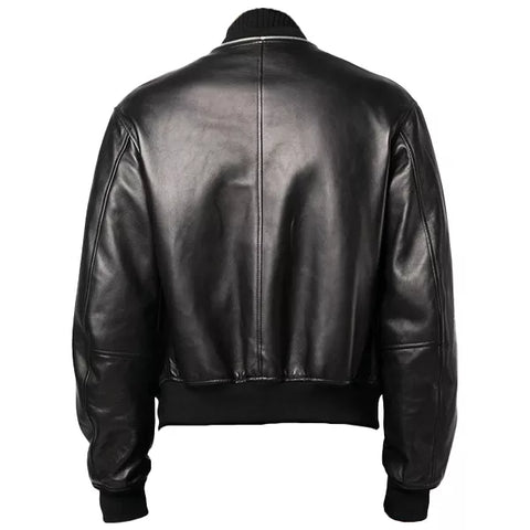 Zip Up Black Leather Bomber Jacket Mens