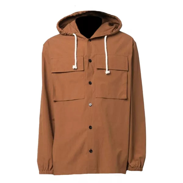 Brown Hooded Cotton Men's Shacket Jacket | Over Shirt Jacket