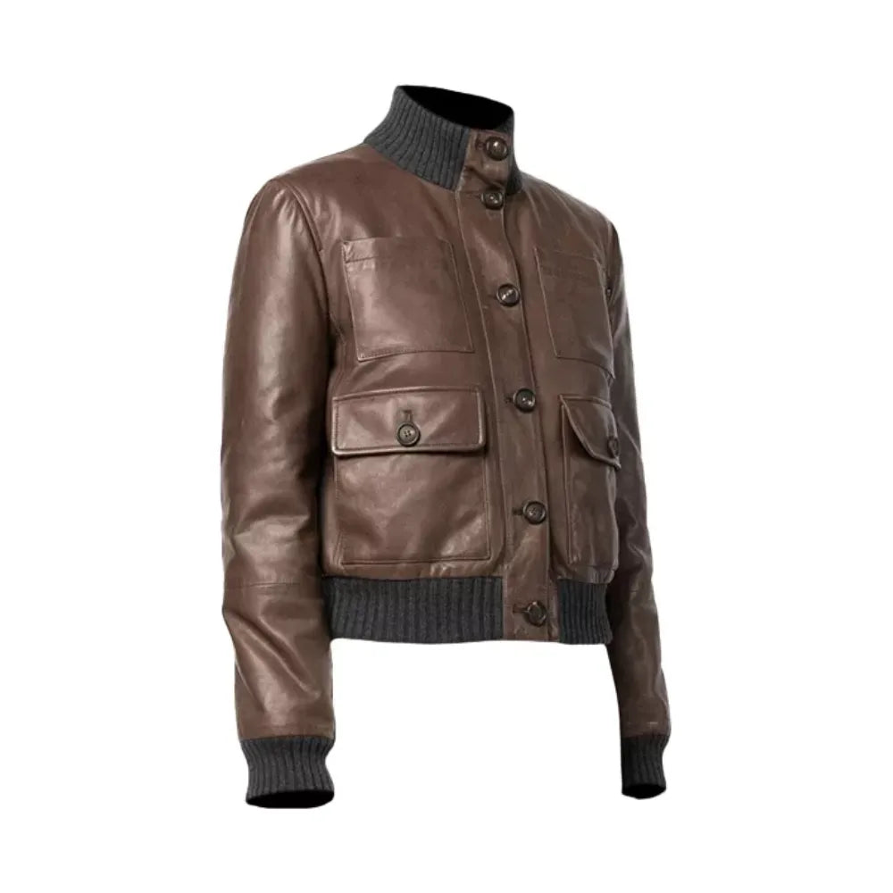 Women Brown Real Leather Bomber Jacket