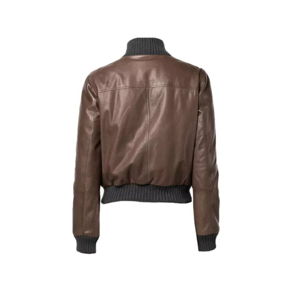 Women Brown Real Leather Bomber Jacket