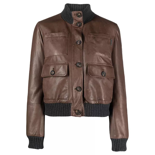 Women Brown Real Leather Bomber Jacket