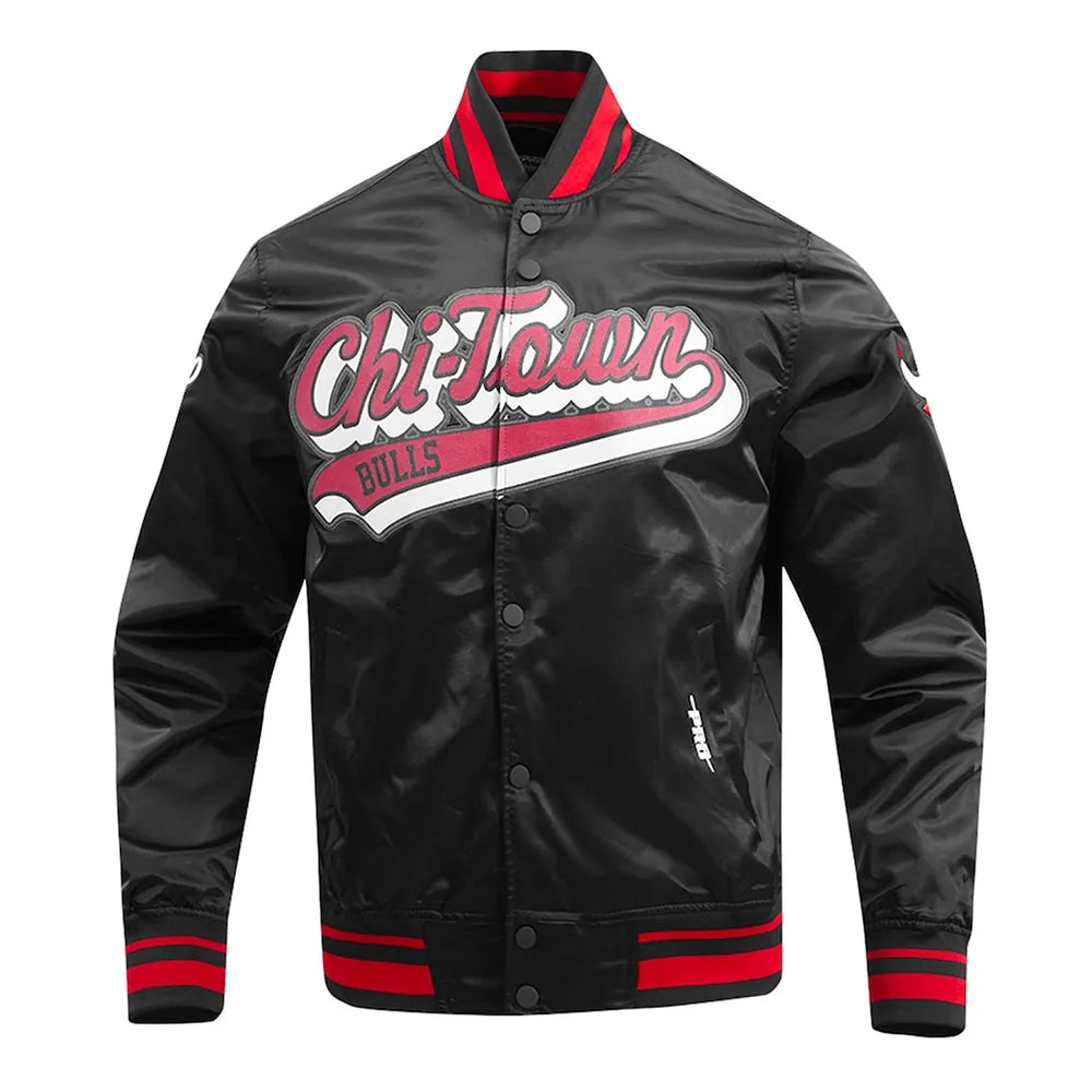 Chicago Bulls Script Tail Black Satin Jacket | NBA Satin Style