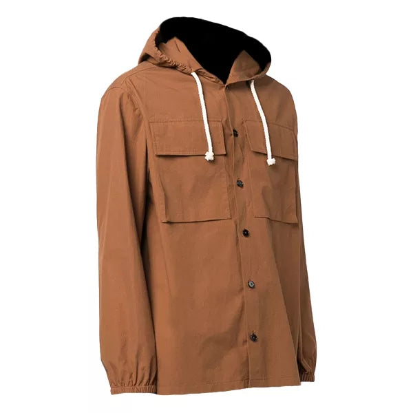 Brown Hooded Cotton Men's Shacket Jacket | Over Shirt Jacket