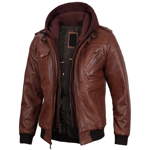 Brown Hooded Leather Jacket For Mens