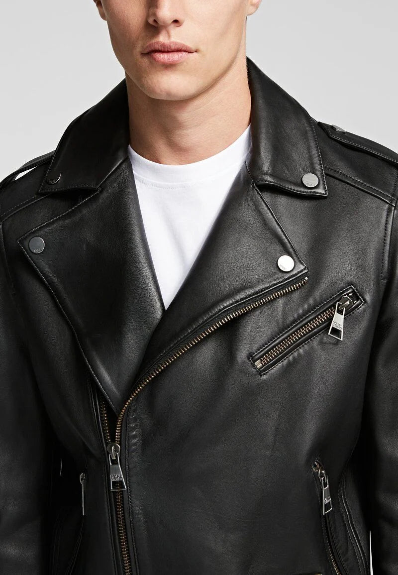 Andrew Asymmetrical Double Breasted Motorcycle Jacket | Black Quilted Leather Jacket