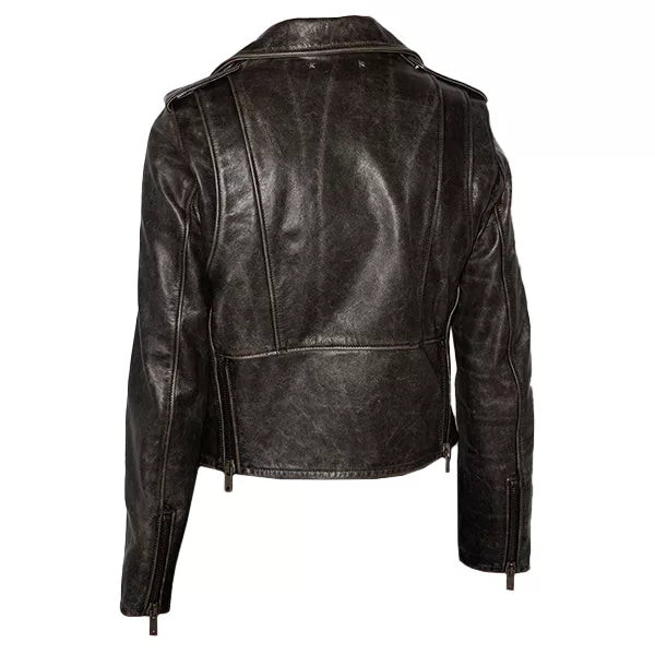 Distressed Brown Leather Moto Jacket Women