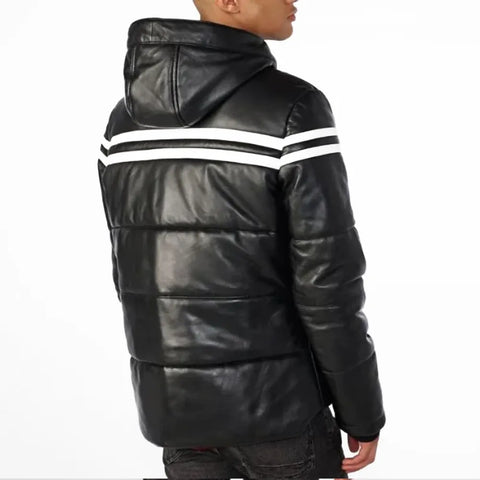 Leather Hooded Black Puffer Jacket for Elevated Winter Style & Comfort