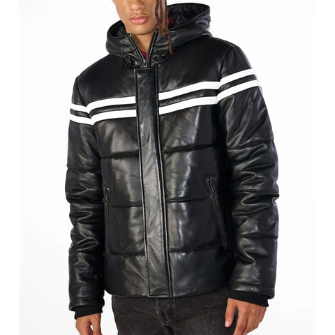 Leather Hooded Black Puffer Jacket for Elevated Winter Style & Comfort